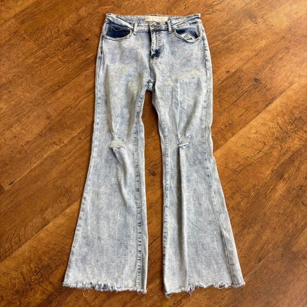 Pink Label Social Club 70s Flare Jeans Light Acid Wash Distressed Size 13